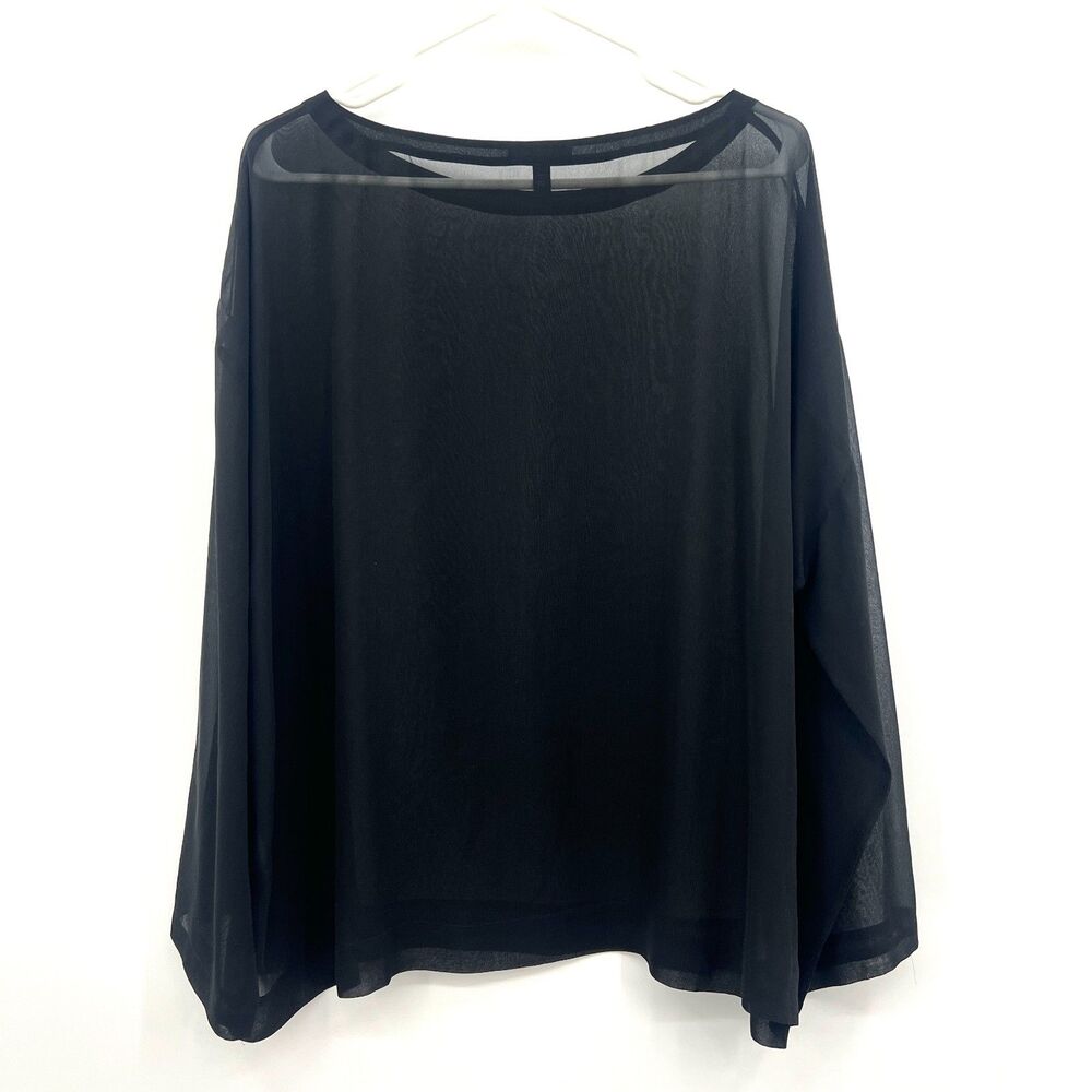 Eileen Fisher Black 100% Silk Sheer Boxy Top Long Sleeve Bateau Neck XL